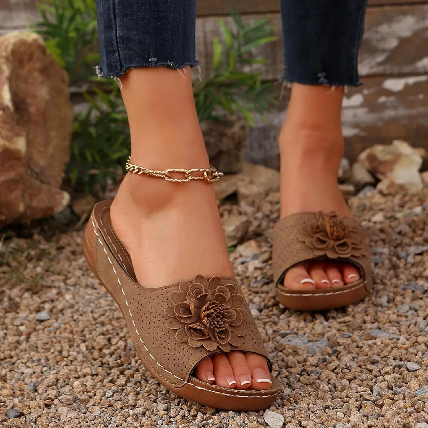 Beach Sandals for Women Wedge Shoes Slip On Dressy Summer Comfortable Slides Sandal with 3D Floral Lightweight Walking Vacation Hiking