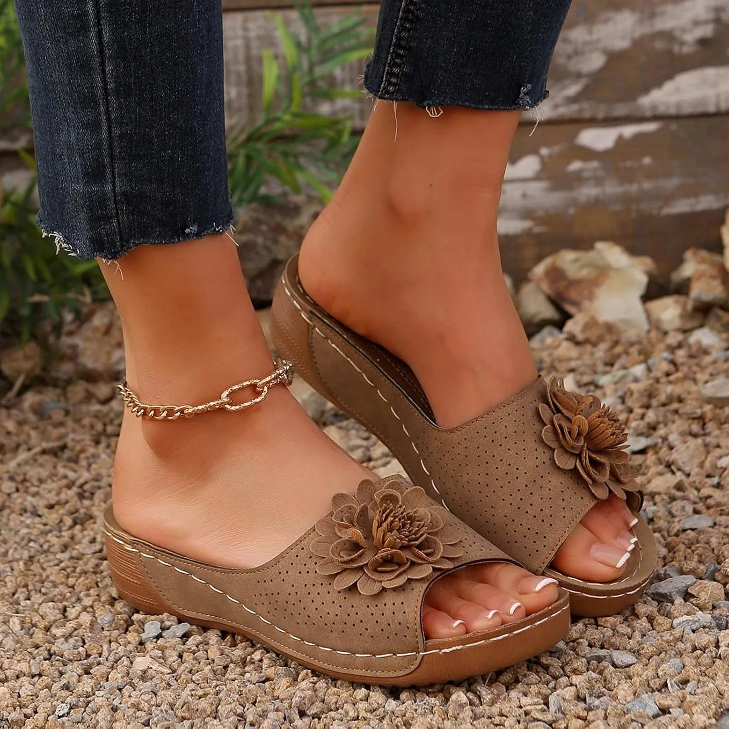 Beach Sandals for Women Wedge Shoes Slip On Dressy Summer Comfortable Slides Sandal with 3D Floral Lightweight Walking Vacation Hiking