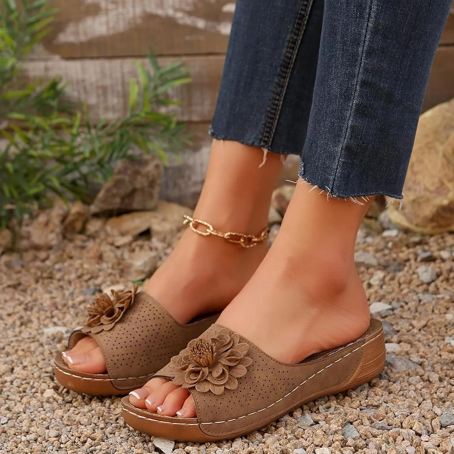Beach Sandals for Women Wedge Shoes Slip On Dressy Summer Comfortable Slides Sandal with 3D Floral Lightweight Walking Vacation Hiking