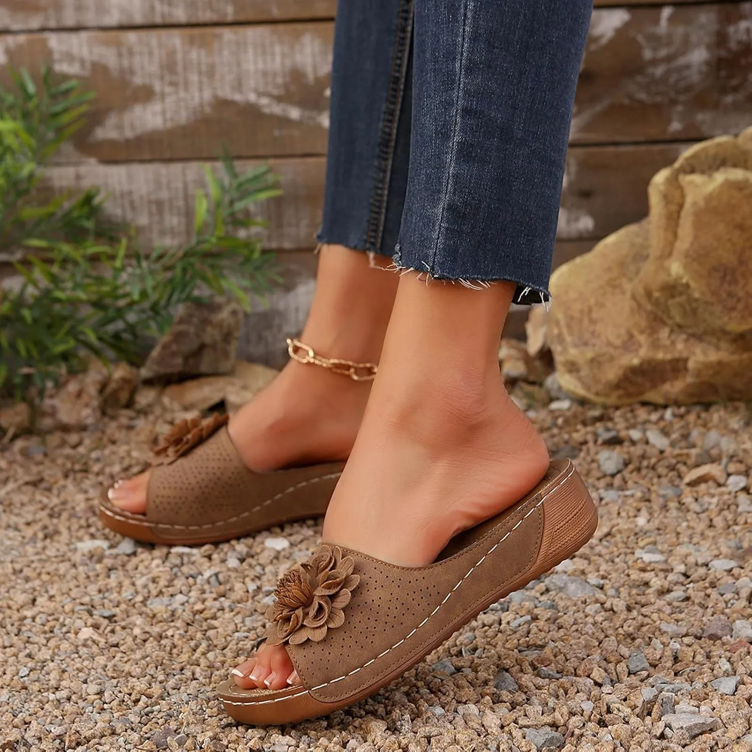 Beach Sandals for Women Wedge Shoes Slip On Dressy Summer Comfortable Slides Sandal with 3D Floral Lightweight Walking Vacation Hiking