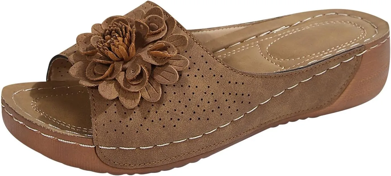 Beach Sandals for Women Wedge Shoes Slip On Dressy Summer Comfortable Slides Sandal with 3D Floral Lightweight Walking Vacation Hiking