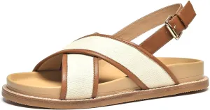 BEAU TODAY Flat Sandals for Women, Fashion Strappy Sandal Comfortable Arch Support Open Toe Beach Dressy Leather Summer Low Platform Sandals
