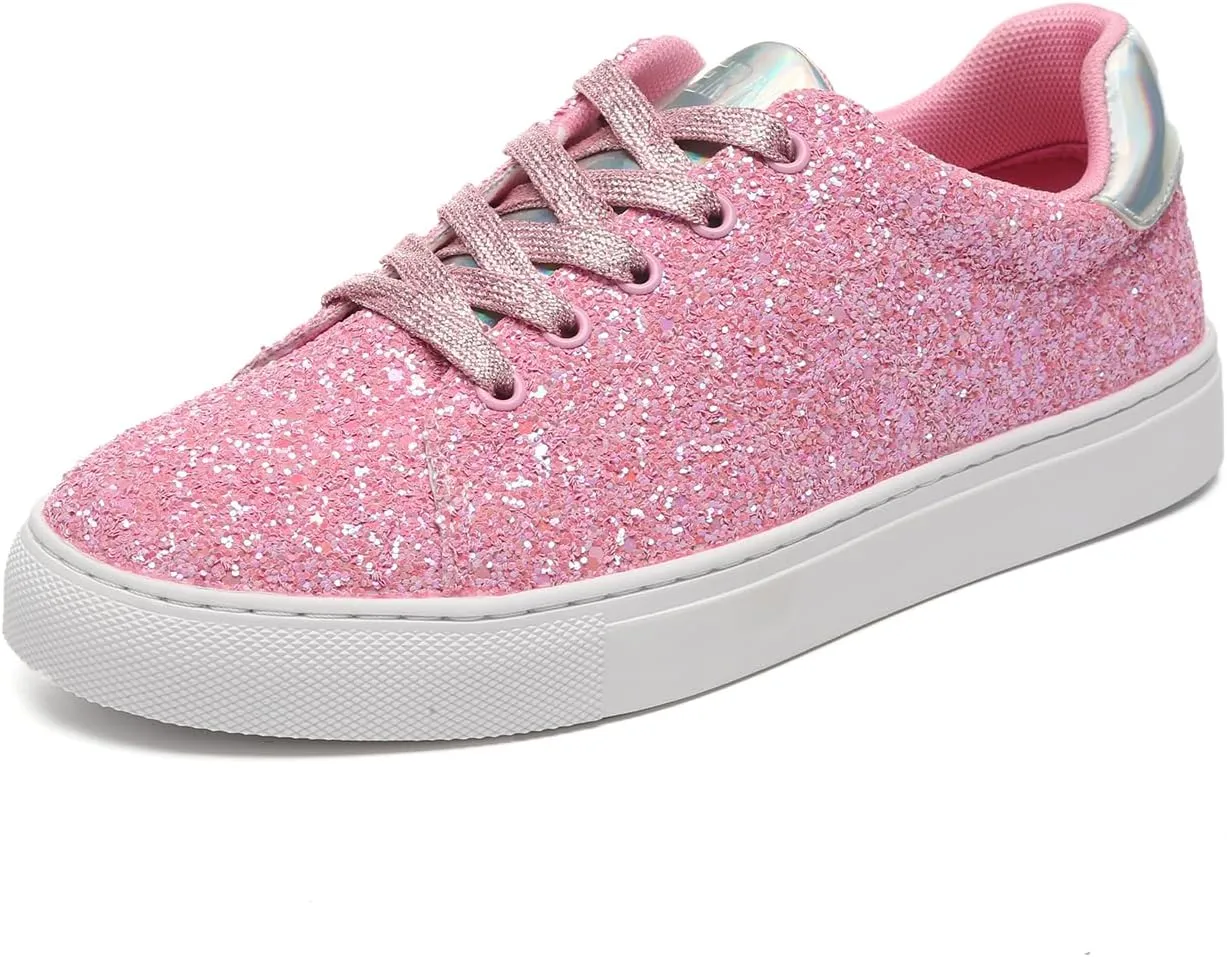 Bernal Women Glitter Sneakers Fashion Shiny Sparkle Sneakers Lightweight Rubber Outsole Non Slip Lace Up Walking Shoes