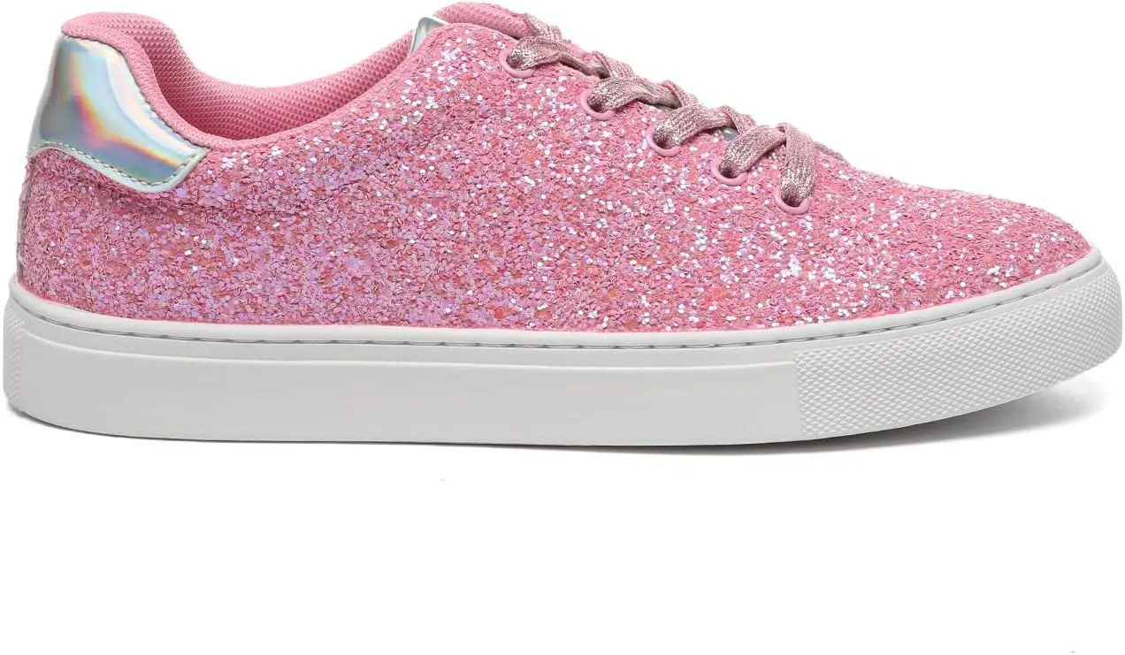Bernal Women Glitter Sneakers Fashion Shiny Sparkle Sneakers Lightweight Rubber Outsole Non Slip Lace Up Walking Shoes