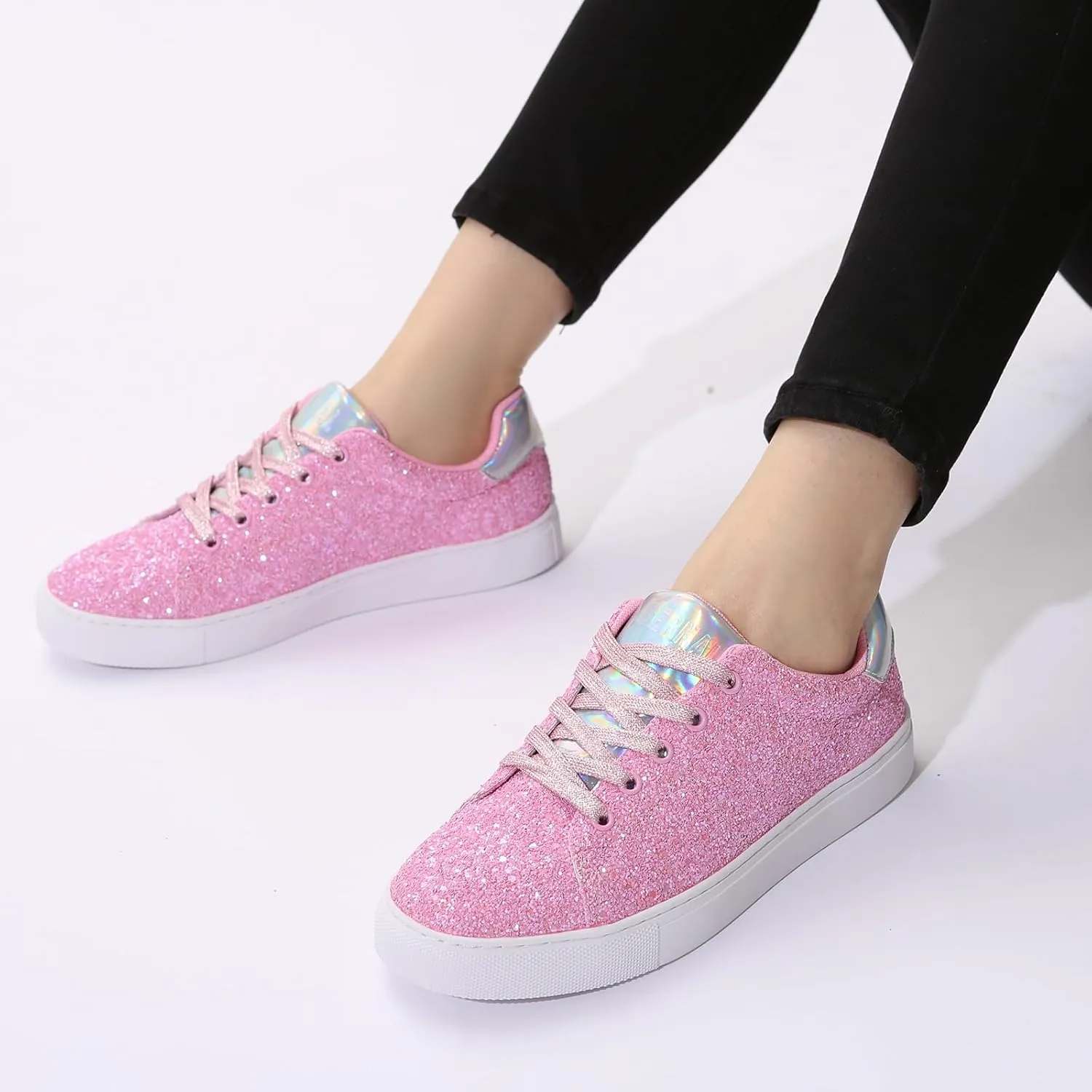 Bernal Women Glitter Sneakers Fashion Shiny Sparkle Sneakers Lightweight Rubber Outsole Non Slip Lace Up Walking Shoes