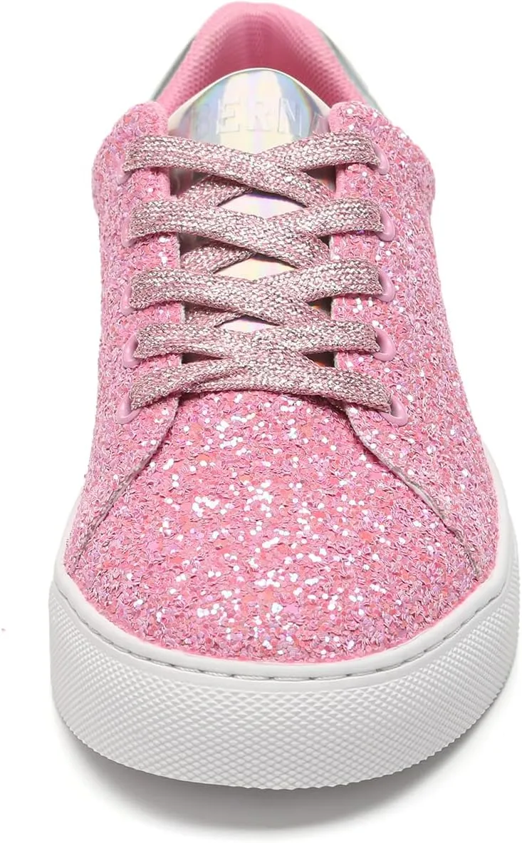Bernal Women Glitter Sneakers Fashion Shiny Sparkle Sneakers Lightweight Rubber Outsole Non Slip Lace Up Walking Shoes