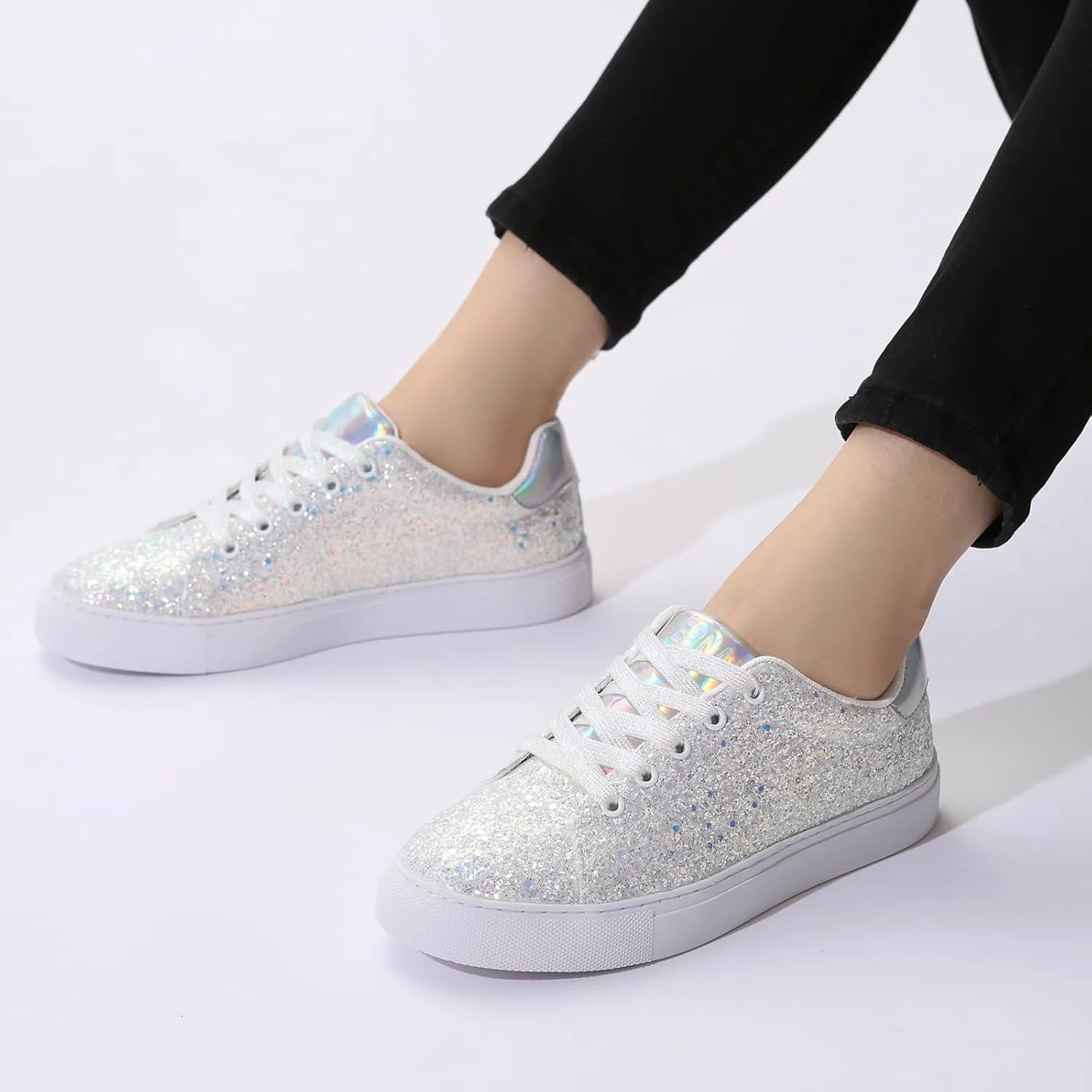Bernal Women Glitter Sneakers Fashion Shiny Sparkle Sneakers Lightweight Rubber Outsole Non Slip Lace Up Walking Shoes