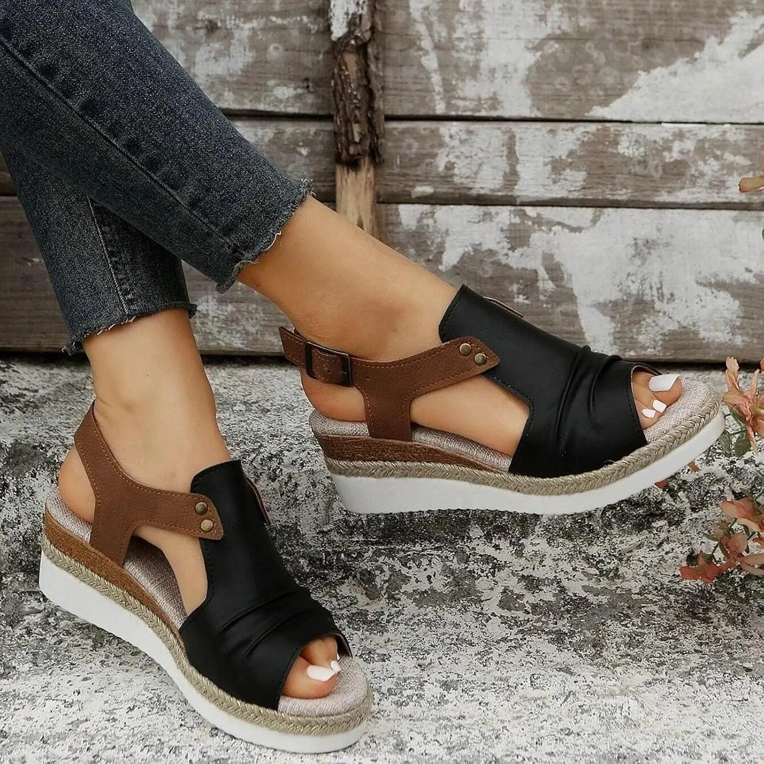 Blue, Navy Black Women's Wedge Sandals, Size 7, Casual, Open Toe, Platform Heel, Ankle Strap, Suede, Rubber Sole