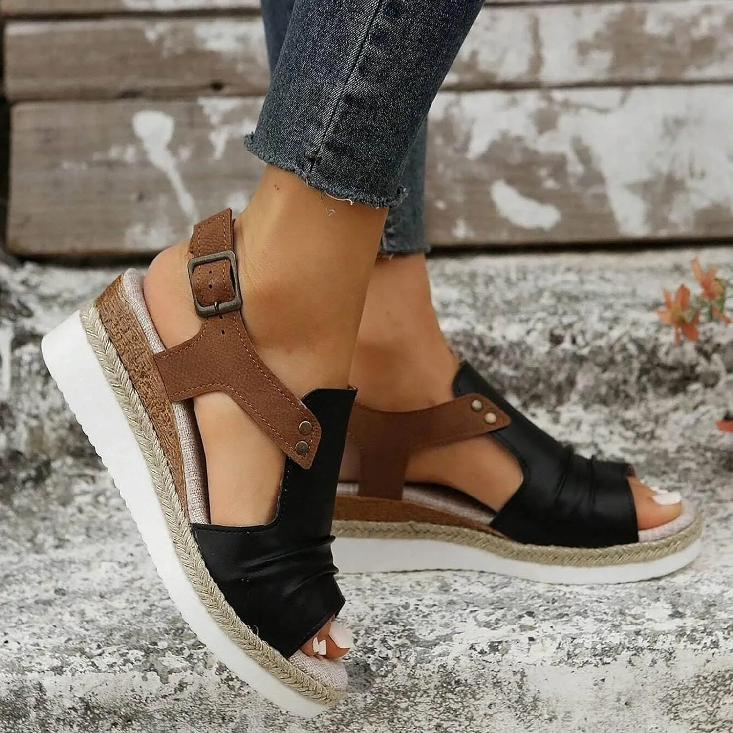 Blue, Navy Black Women's Wedge Sandals, Size 7, Casual, Open Toe, Platform Heel, Ankle Strap, Suede, Rubber Sole