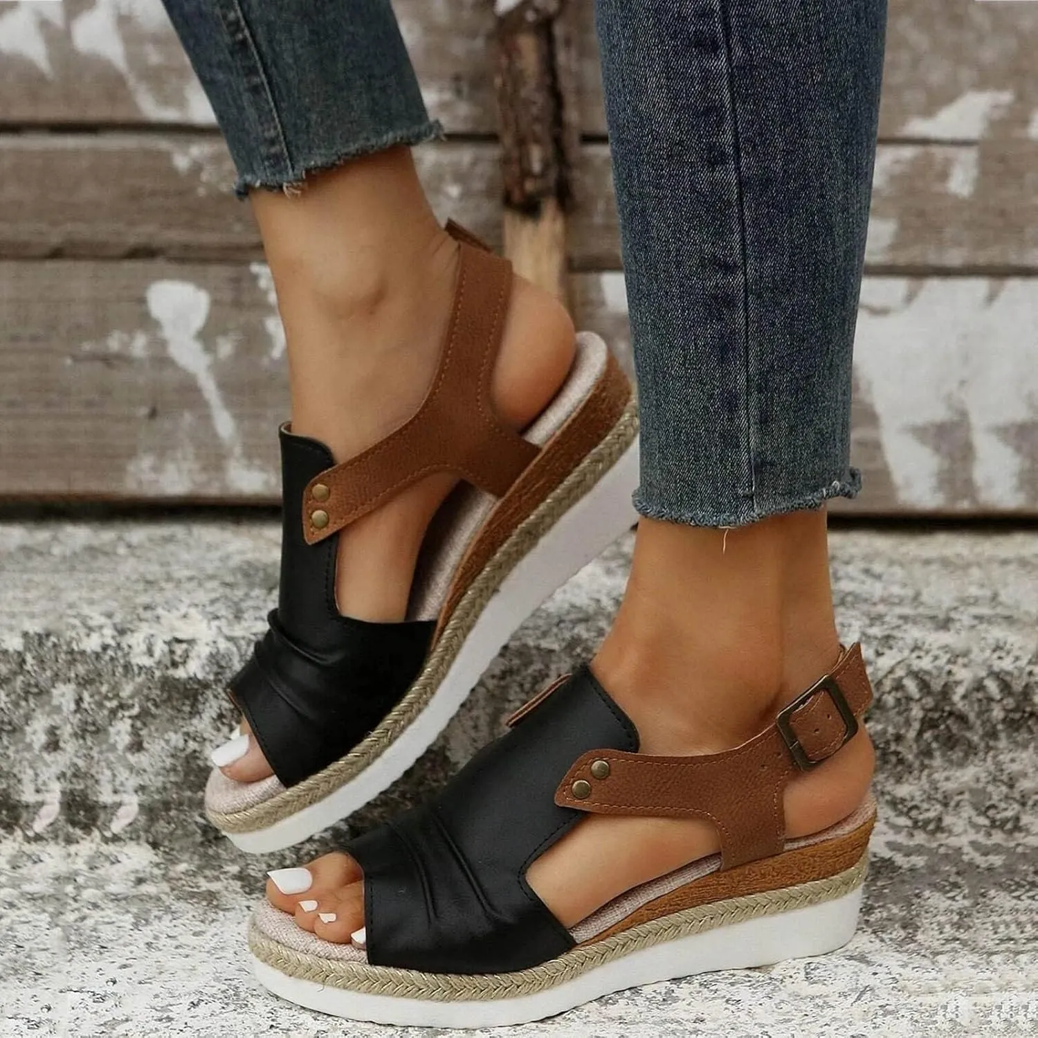 Blue, Navy Black Women's Wedge Sandals, Size 7, Casual, Open Toe, Platform Heel, Ankle Strap, Suede, Rubber Sole