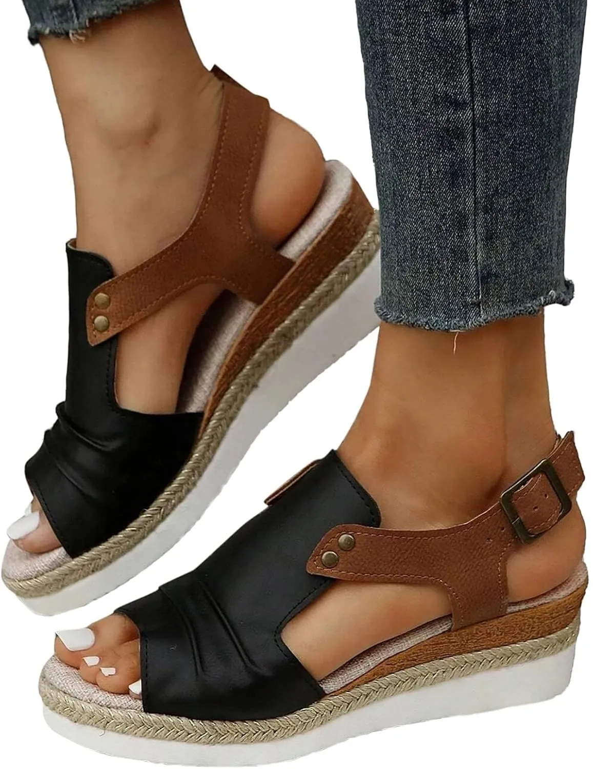 Blue, Navy Black Women's Wedge Sandals, Size 7, Casual, Open Toe, Platform Heel, Ankle Strap, Suede, Rubber Sole