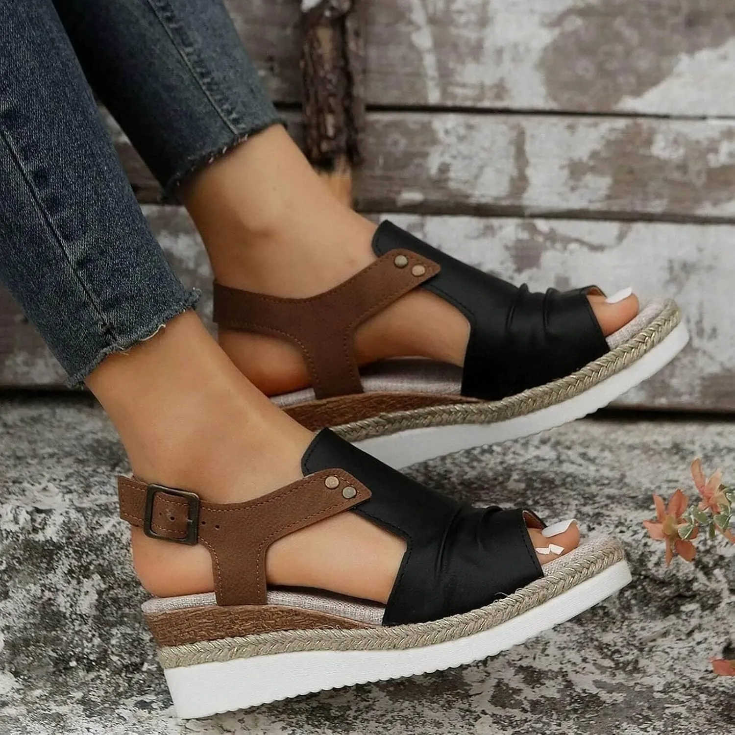 Blue, Navy Black Women's Wedge Sandals, Size 7, Casual, Open Toe, Platform Heel, Ankle Strap, Suede, Rubber Sole