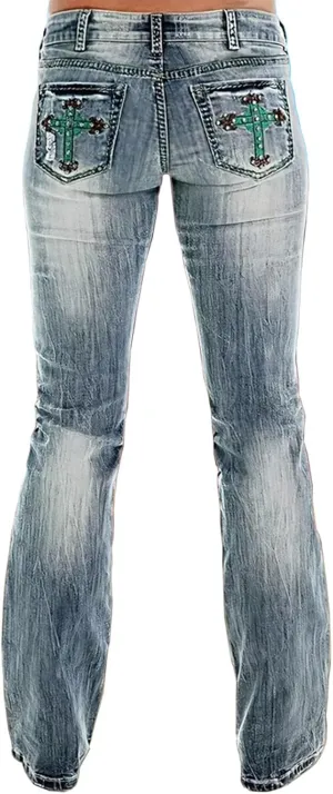 Bootcut Jeans for Women Mid Rise Ripped Distressed Embroidered Cross Jeans Stretchy Fit Denim Long Pants