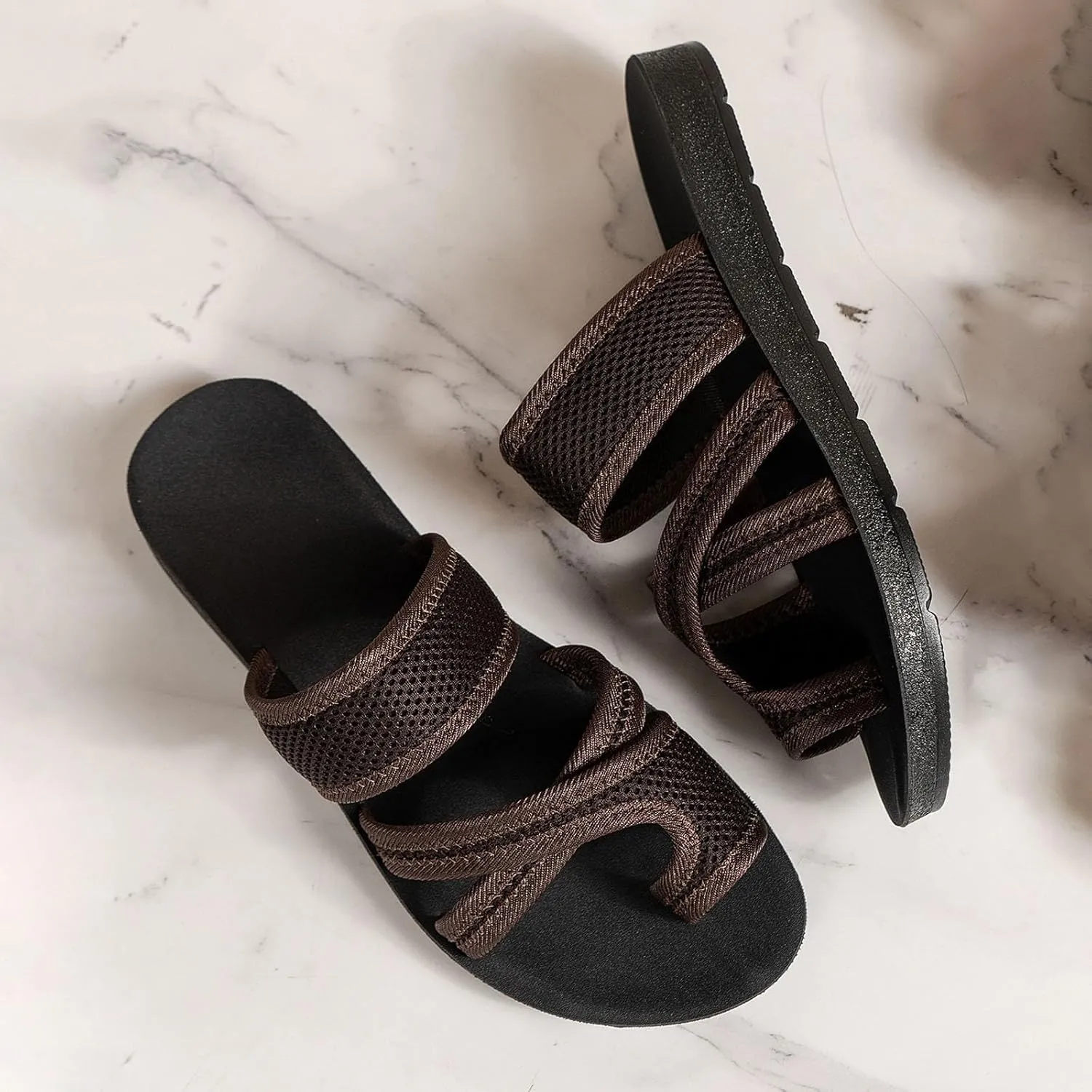 Breathable Mesh Slide Sandals,Brahusd Sandals,Women's Summer Non Slip Flat Loop Toe Shoes, With Arch Support Mesh Peep Toe Slippers