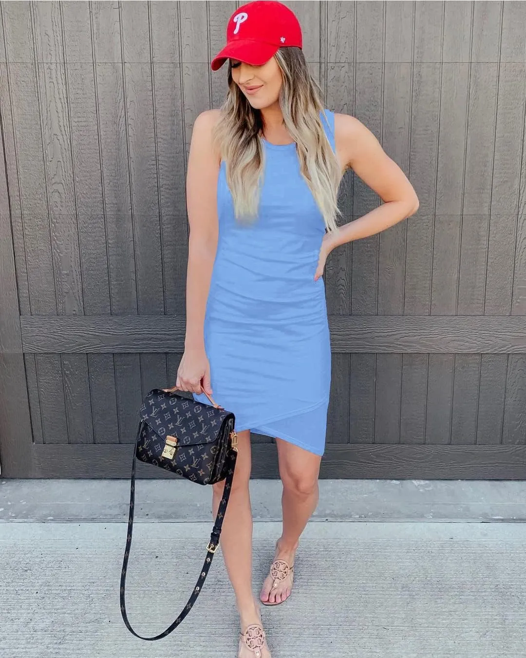 BTFBM Women 2025 Summer Sleeveless Tank Dresses Crew Neck Slim Fit Short Casual Ruched Bodycon Party Club Mini Dress