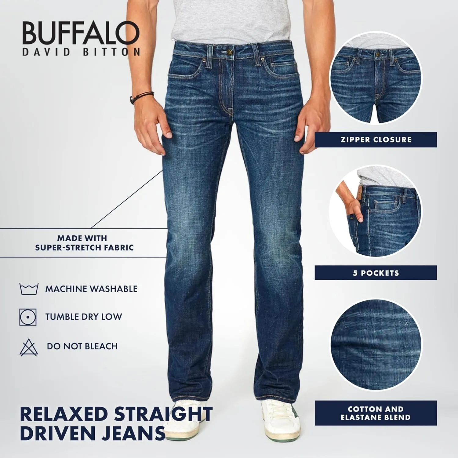 Buffalo David Bitton Men's Relaxed Straight Leg Driven Jean with Stretch Fabric