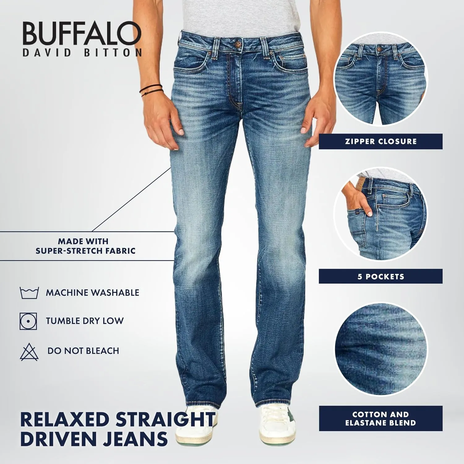 Buffalo David Bitton Men's Relaxed Straight Leg Driven Jean with Stretch Fabric