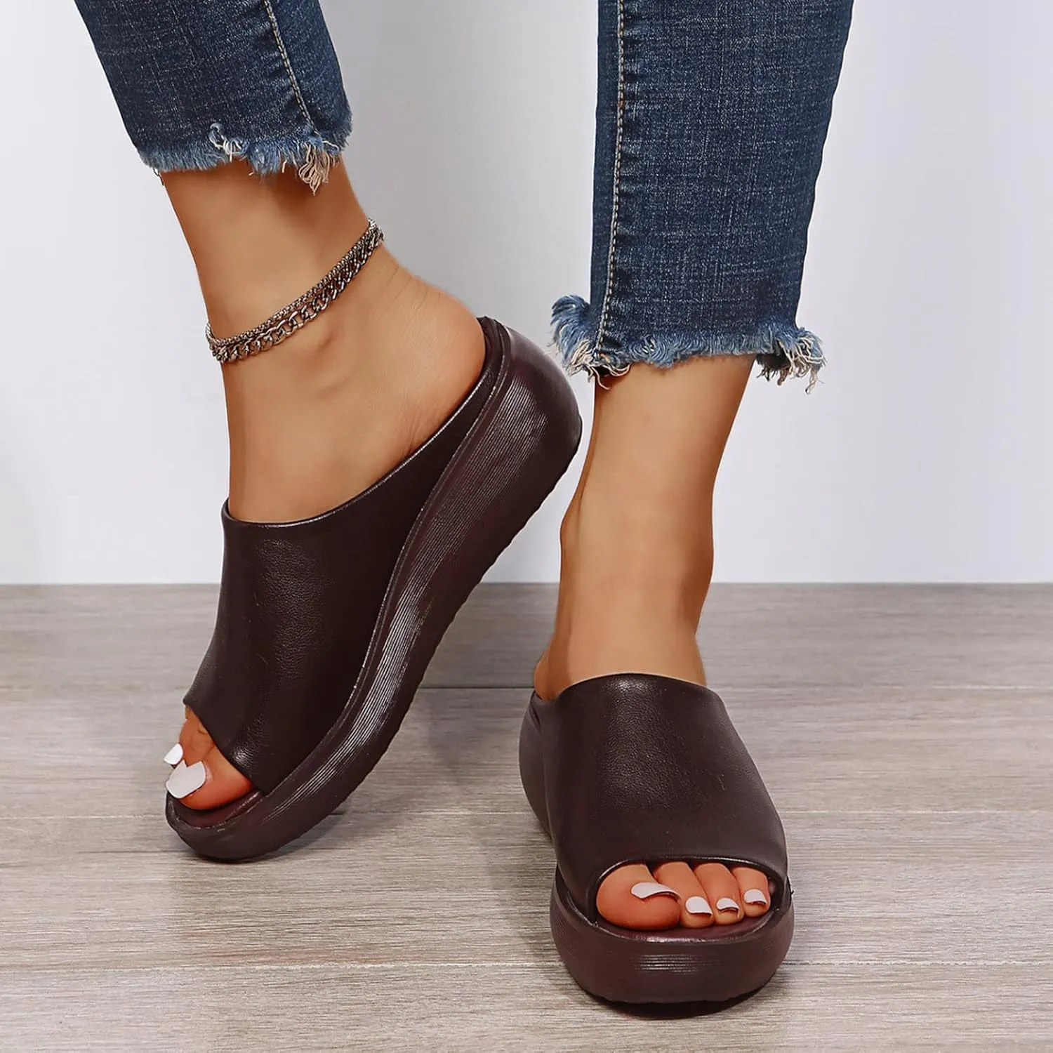Cathalem Orthopedic Sandals for Women Comfortable Orthotic Leather Wedges Slides Platform Heel Arch Support Slip Sandals