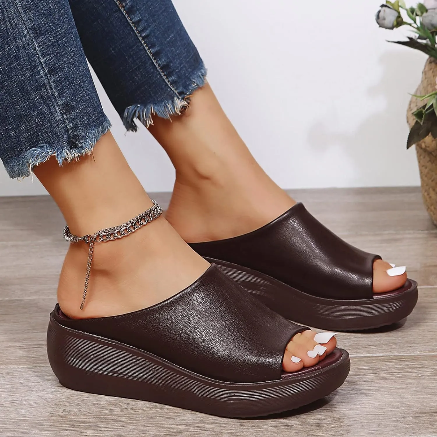 Cathalem Orthopedic Sandals for Women Comfortable Orthotic Leather Wedges Slides Platform Heel Arch Support Slip Sandals