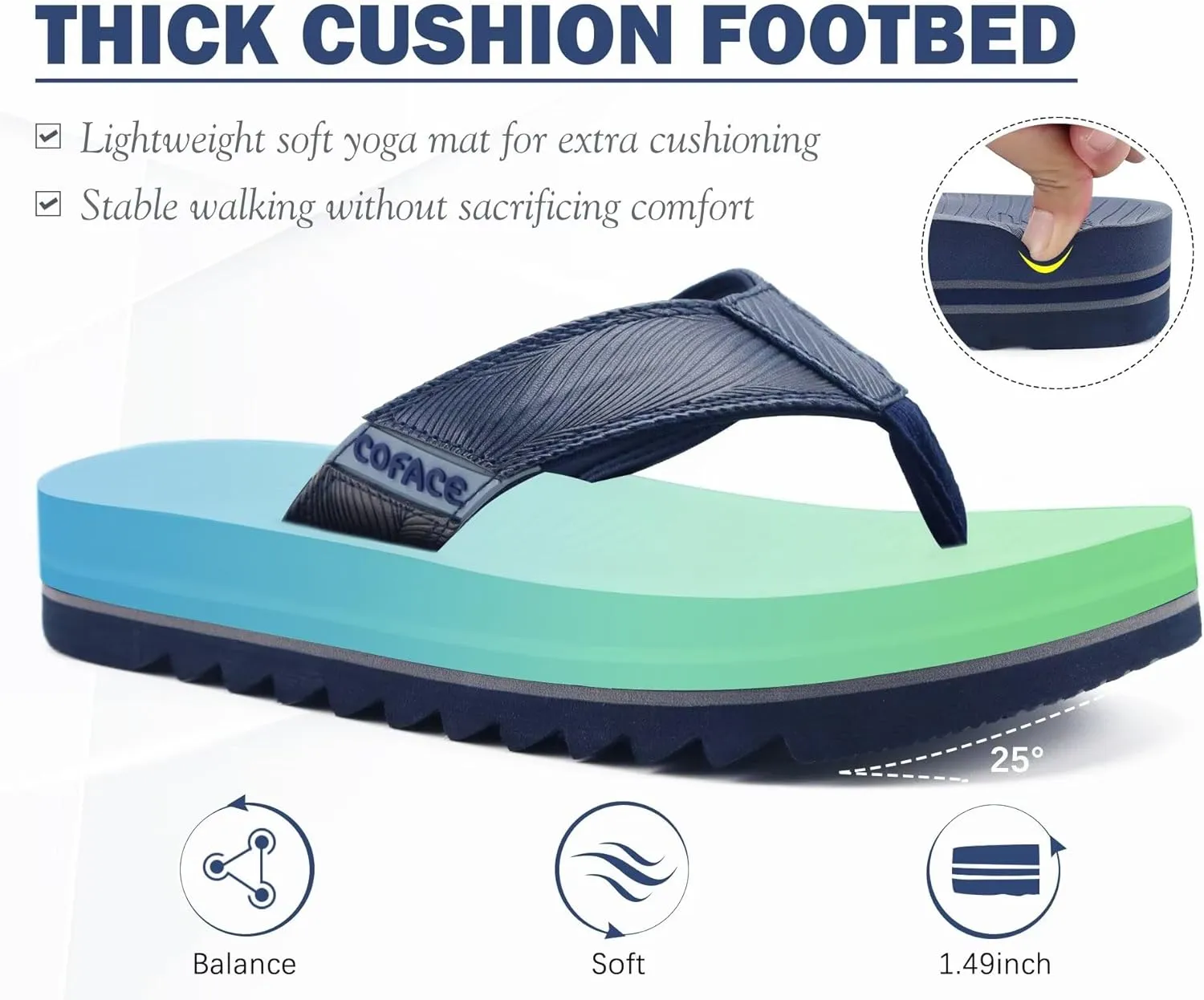 COFACE Mens Arch Support Flip Flops Yoga Mat Comfortable Thick Cushion Recovery Walking Thong Sandals Lightweight Slip On Summer Beach Slippers