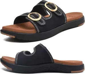 COFACE Womens Orthotic Slides Comfort Plantar Fasciitis Arch Support Slip on Flat Sandals Ladies Soft Cushion Fashion Yoga Mat Slippers With Adjustable Straps