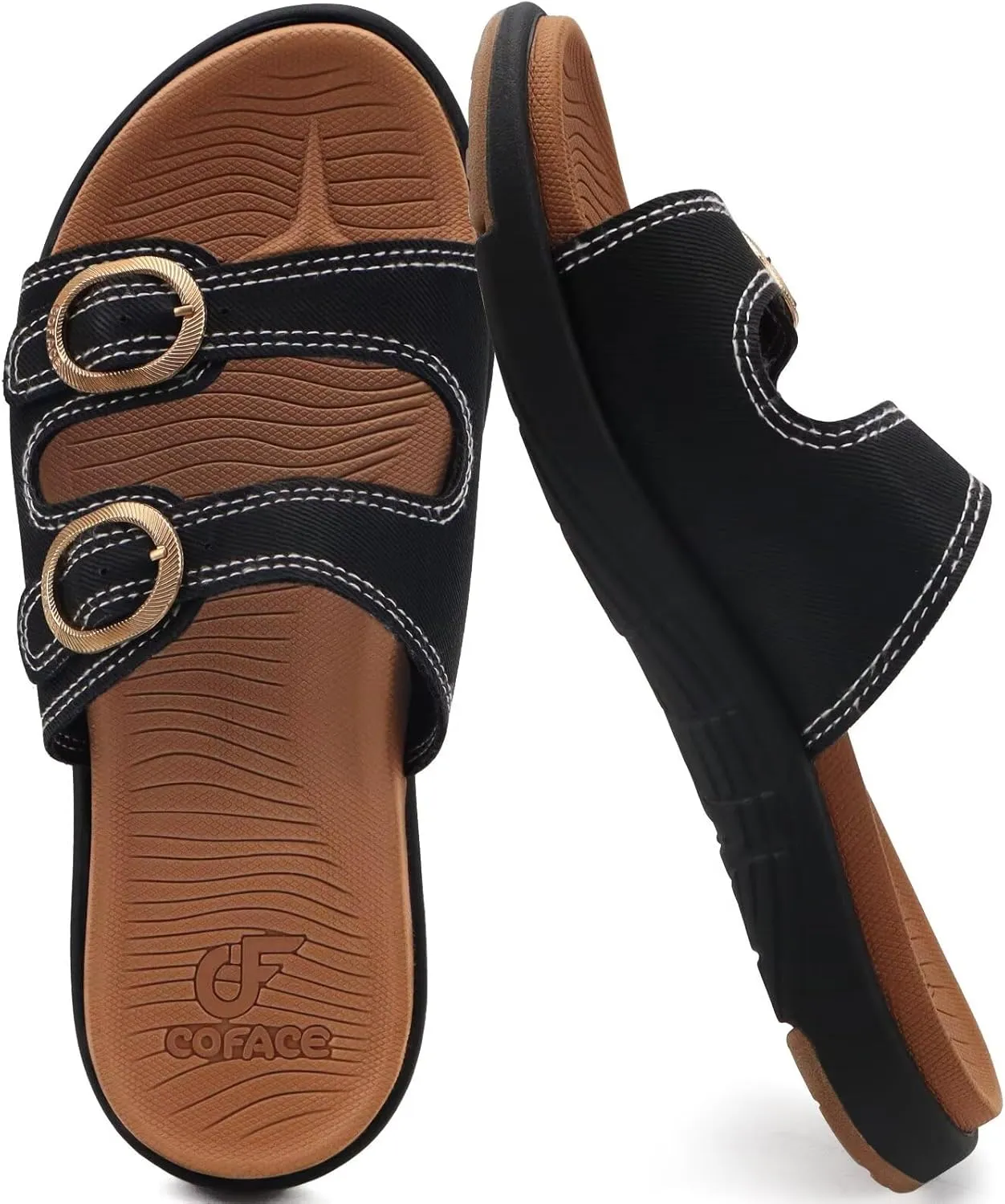 COFACE Womens Orthotic Slides Comfort Plantar Fasciitis Arch Support Slip on Flat Sandals Ladies Soft Cushion Fashion Yoga Mat Slippers With Adjustable Straps