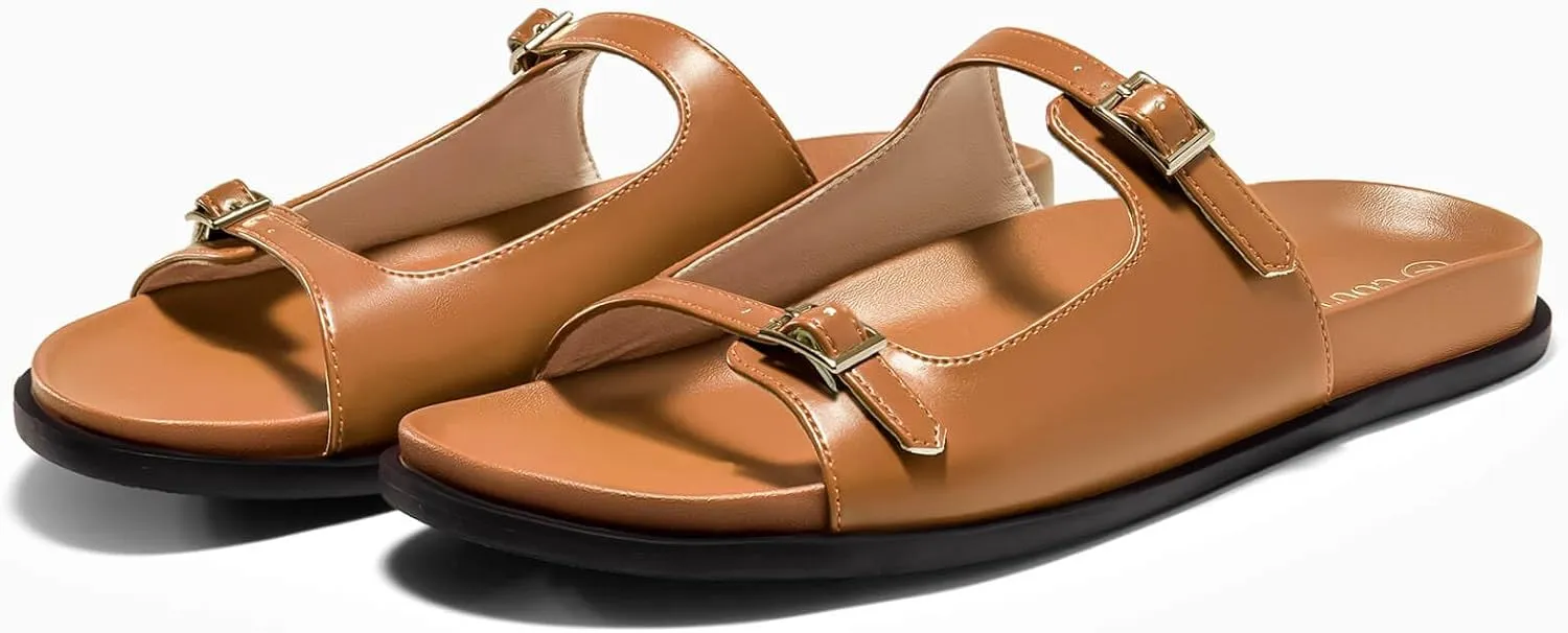 Coutgo Womens Flat Sandals Comfortable Wide Width Slides Double Strap Adjustable Buckle Slip on Shoes