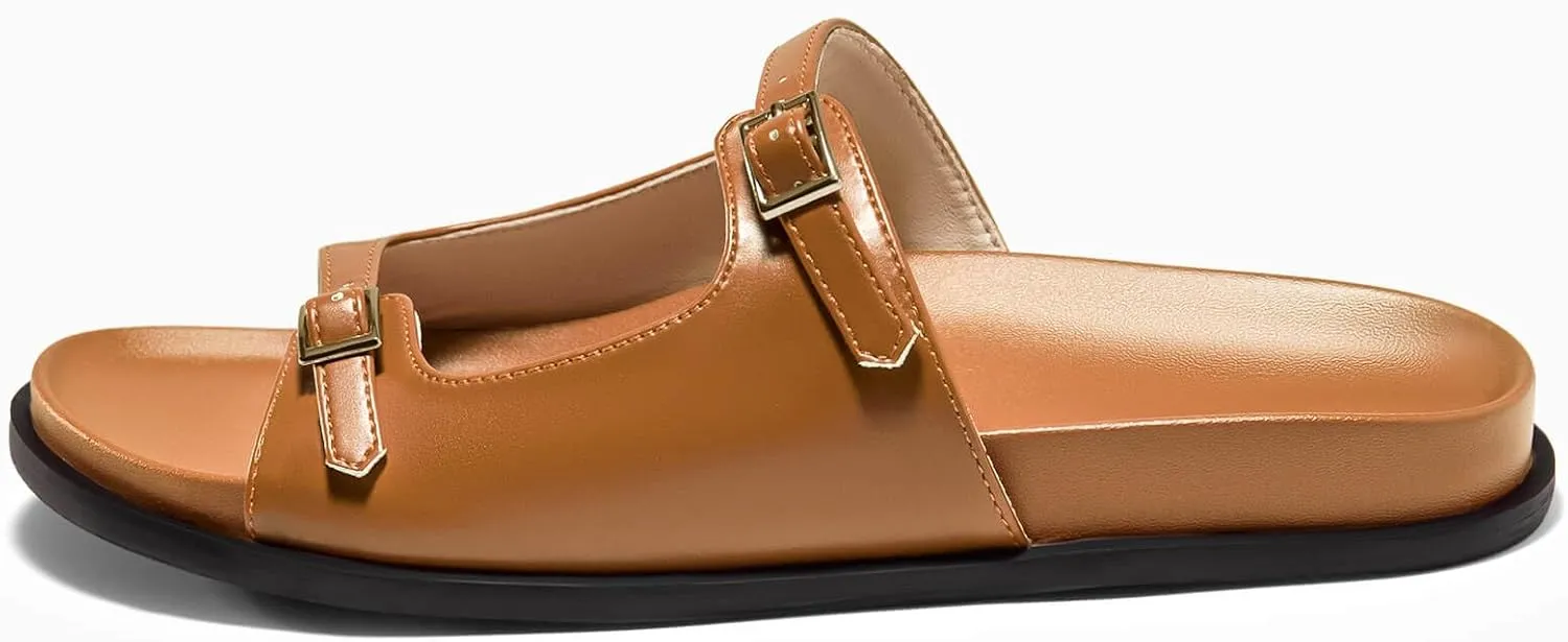 Coutgo Womens Flat Sandals Comfortable Wide Width Slides Double Strap Adjustable Buckle Slip on Shoes