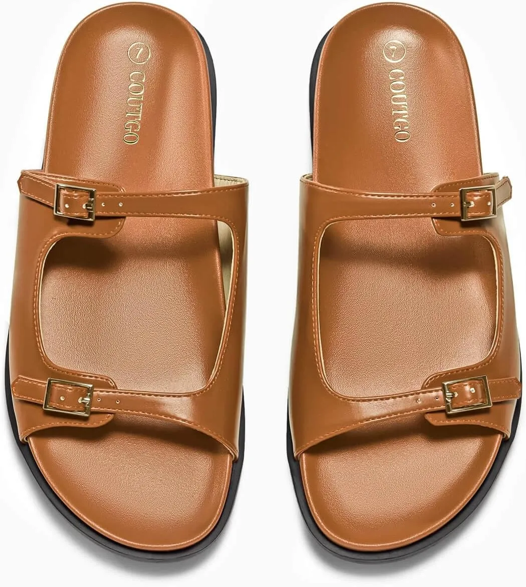 Coutgo Womens Flat Sandals Comfortable Wide Width Slides Double Strap Adjustable Buckle Slip on Shoes