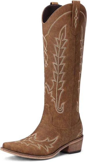 Cowboy Boots for Women - Knee High Embroidered Western Cowgirl Boots, Pointed Toe Chunky Heel Retro Country Boots, Pull On Zipper Vintage Fashion Tall Boots for Girls Ladies