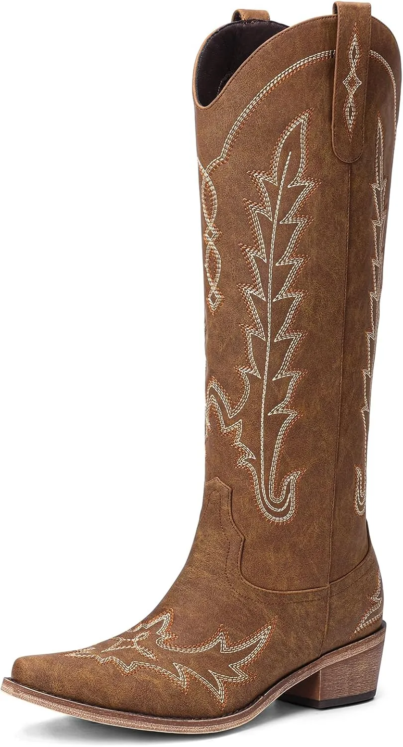 Cowboy Boots for Women - Knee High Embroidered Western Cowgirl Boots, Pointed Toe Chunky Heel Retro Country Boots, Pull On Zipper Vintage Fashion Tall Boots for Girls Ladies