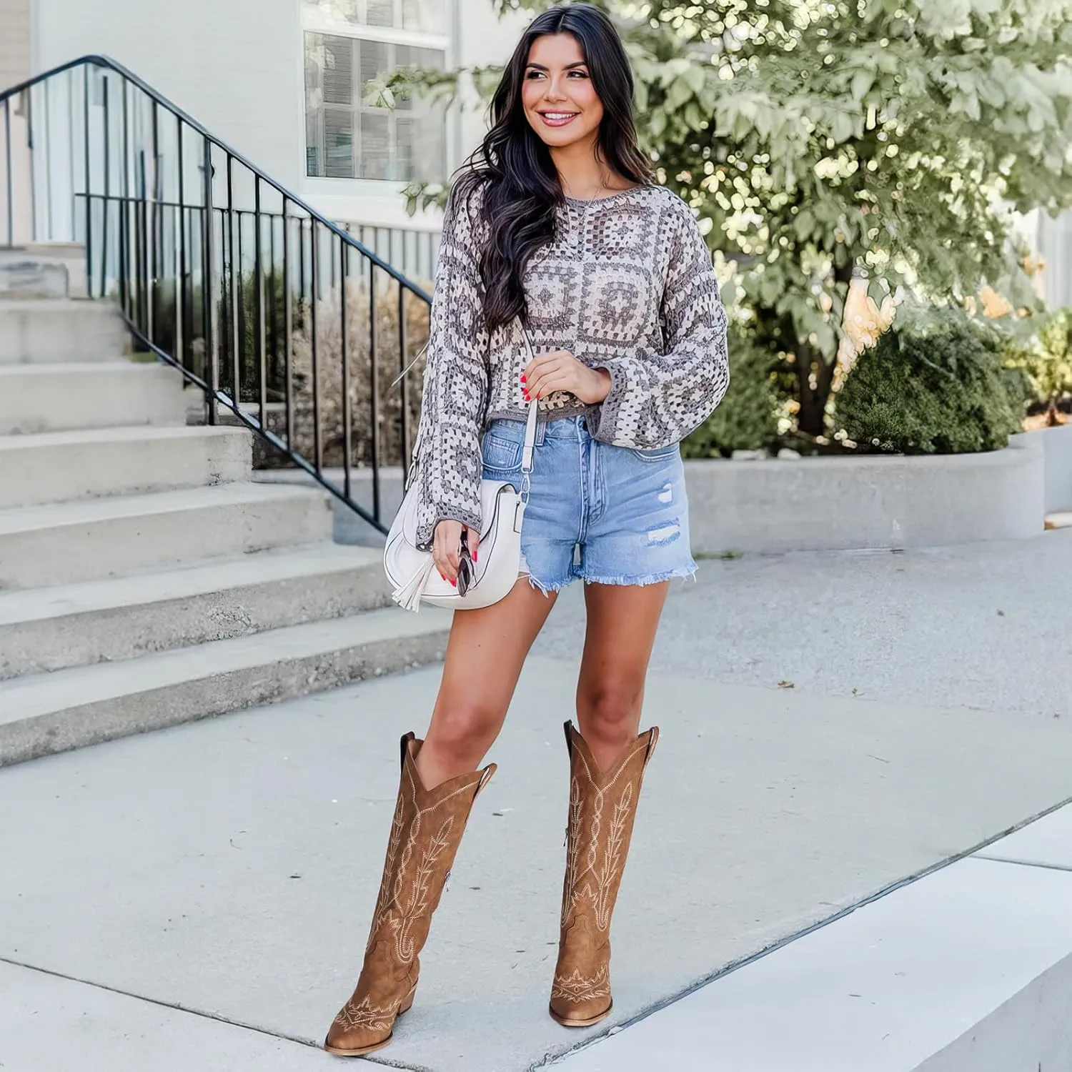 Cowboy Boots for Women - Knee High Embroidered Western Cowgirl Boots, Pointed Toe Chunky Heel Retro Country Boots, Pull On Zipper Vintage Fashion Tall Boots for Girls Ladies