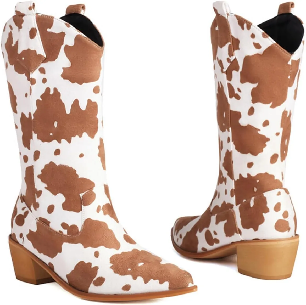 Cowboy Boots for Women Mid Calf Cowgirl Western Boots Cow Print Pointed Toe Chunky Heel Shoes US4-11