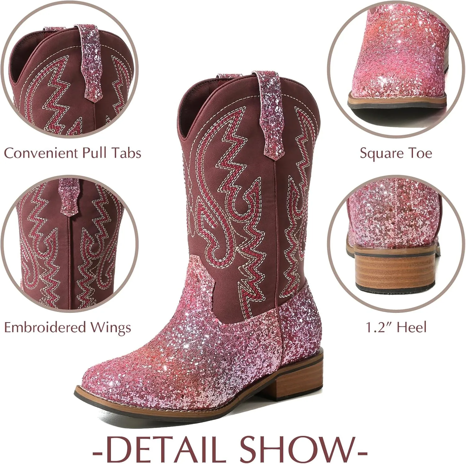Cowboy Boots Square Toe Kids Boots Embroidered Western Boots Cowgirl Boots For Toddler/Little Kid/Big Kid