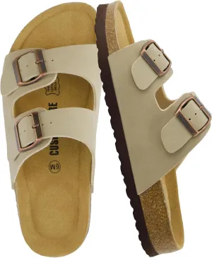 CUSHIONAIRE Lane Cork Footbed Sandals for Women – Comfortable Double Buckle Slip-On with Genuine Suede Footbed & Arch Support Slides for Women Footwear
