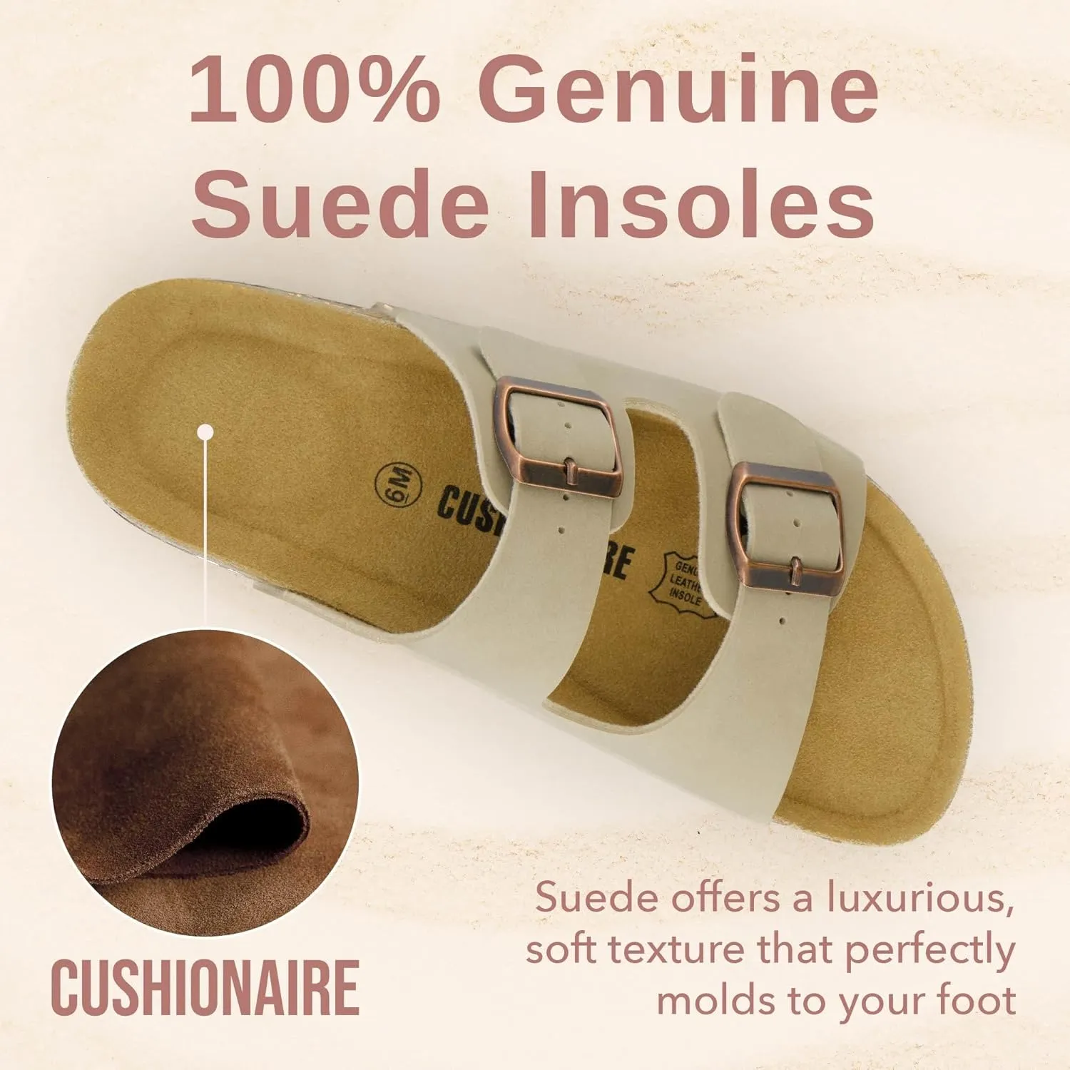 CUSHIONAIRE Lane Cork Footbed Sandals for Women – Comfortable Double Buckle Slip-On with Genuine Suede Footbed & Arch Support Slides for Women Footwear