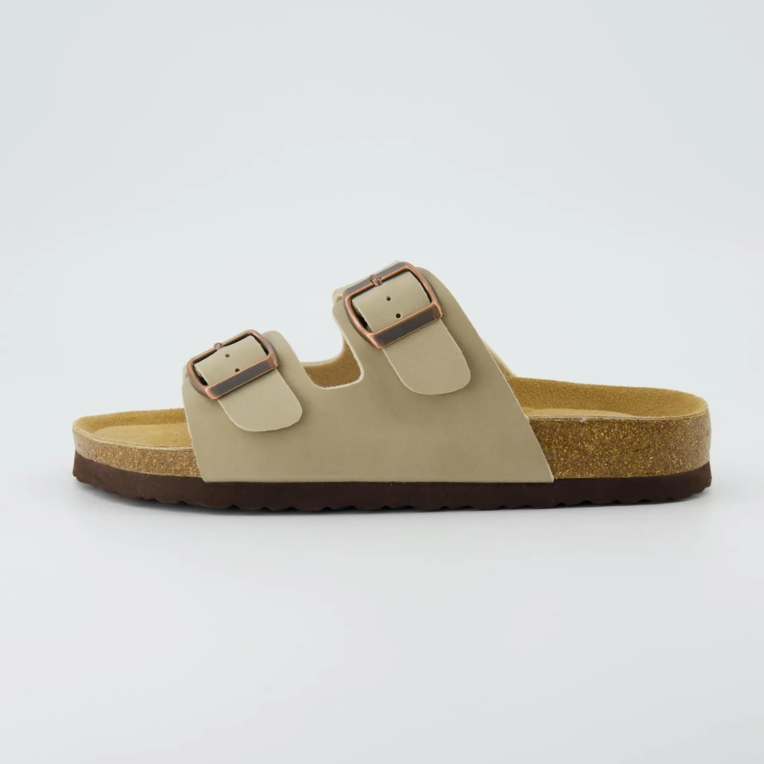 CUSHIONAIRE Lane Cork Footbed Sandals for Women – Comfortable Double Buckle Slip-On with Genuine Suede Footbed & Arch Support Slides for Women Footwear