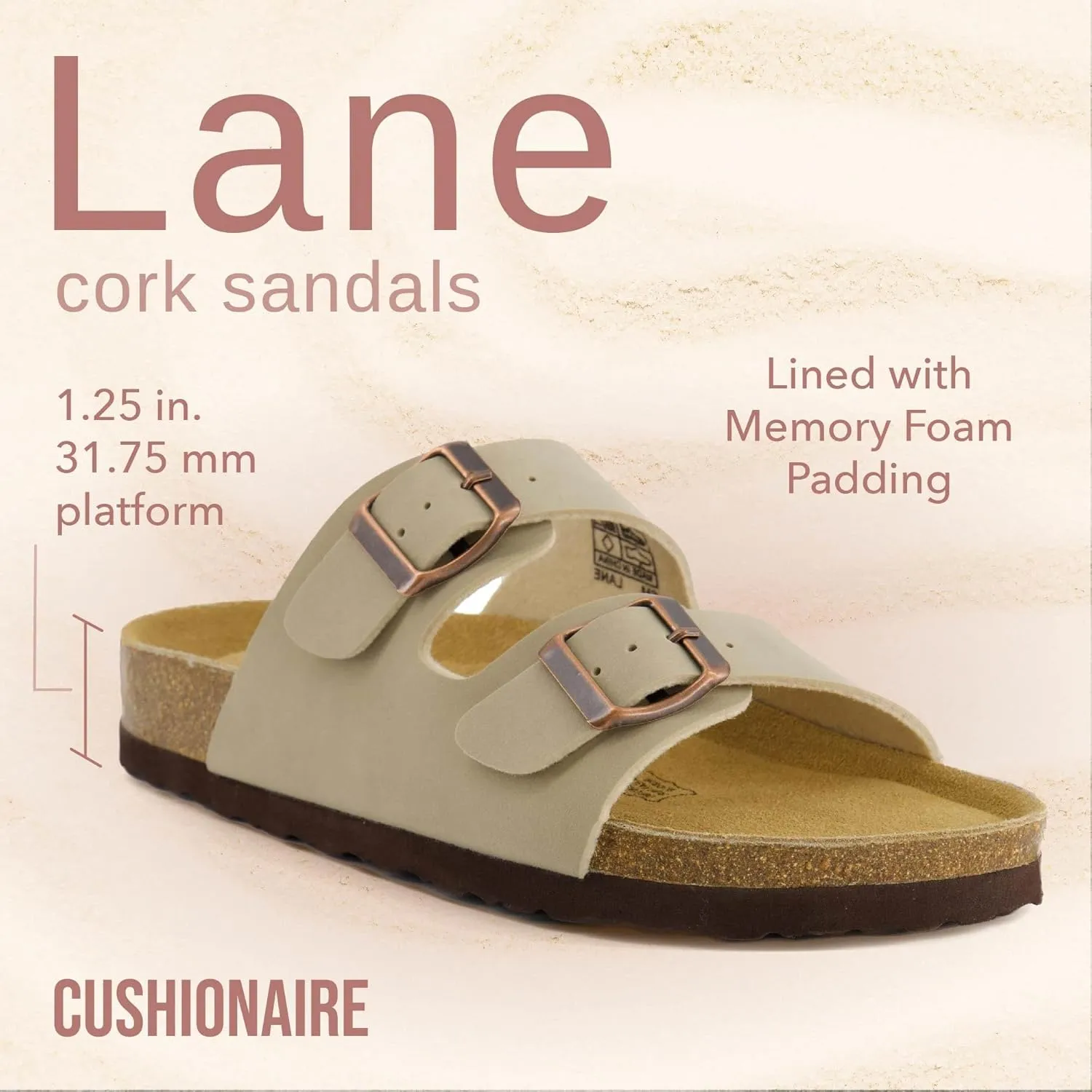 CUSHIONAIRE Lane Cork Footbed Sandals for Women – Comfortable Double Buckle Slip-On with Genuine Suede Footbed & Arch Support Slides for Women Footwear