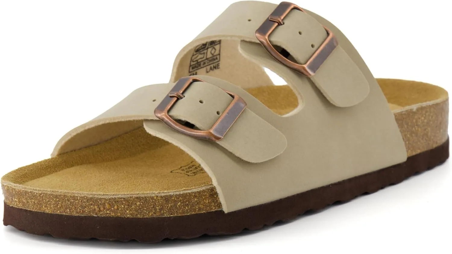 CUSHIONAIRE Lane Cork Footbed Sandals for Women – Comfortable Double Buckle Slip-On with Genuine Suede Footbed & Arch Support Slides for Women Footwear