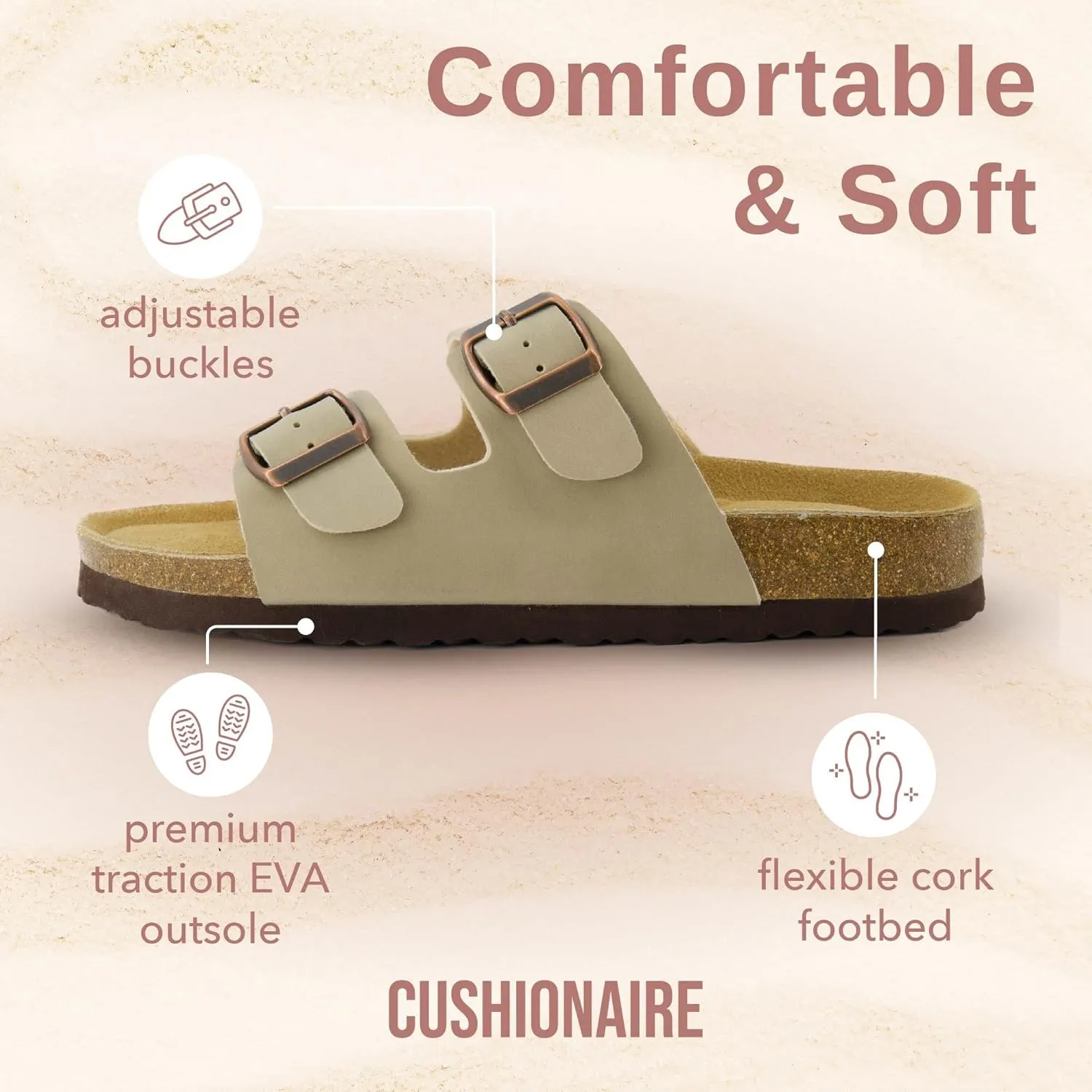 CUSHIONAIRE Lane Cork Footbed Sandals for Women – Comfortable Double Buckle Slip-On with Genuine Suede Footbed & Arch Support Slides for Women Footwear