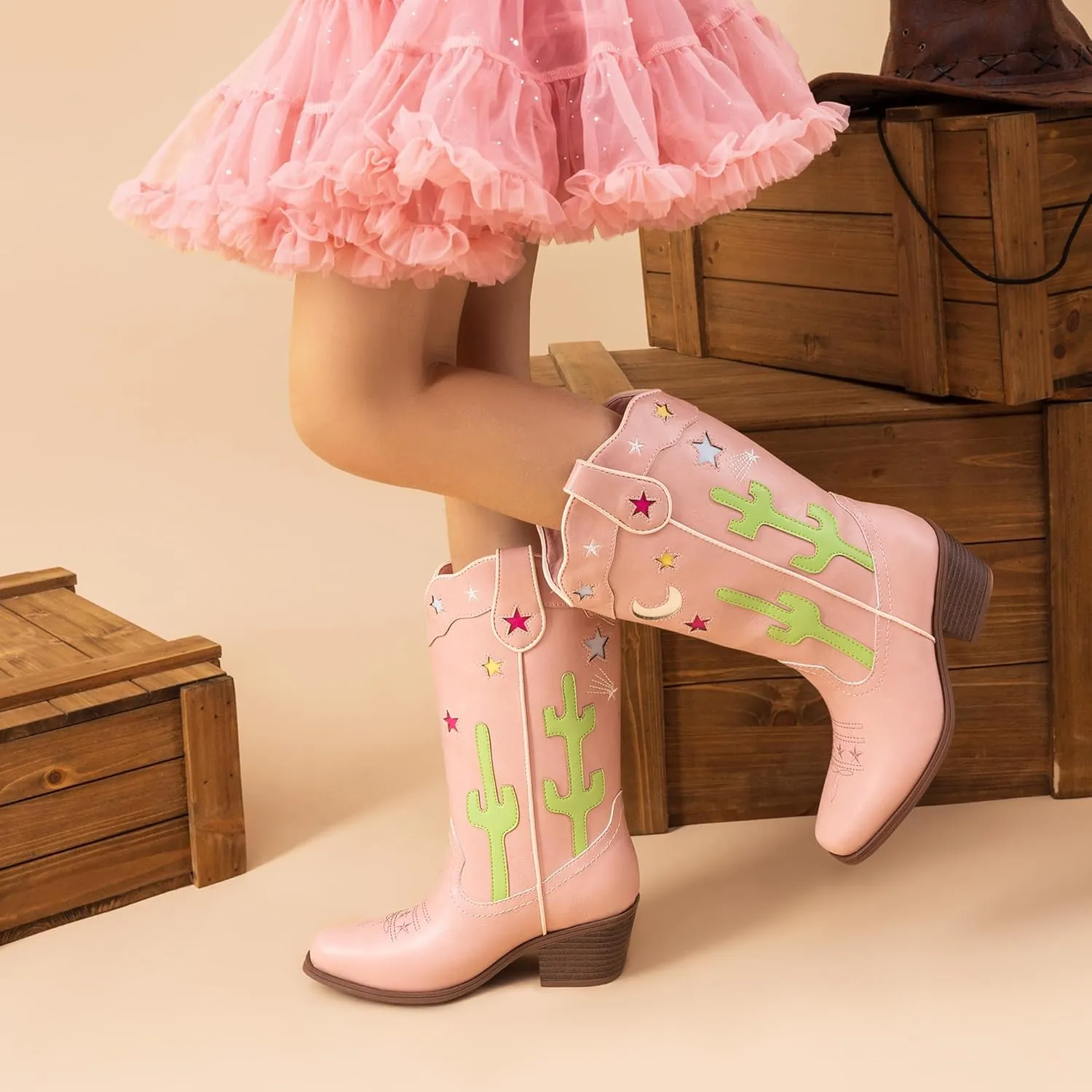 DREAM PAIRS Girls Cowboy Boots Cowgirl Mid Calf Western Boots with Low Heel Square Toe for Little Kid/Big Kid