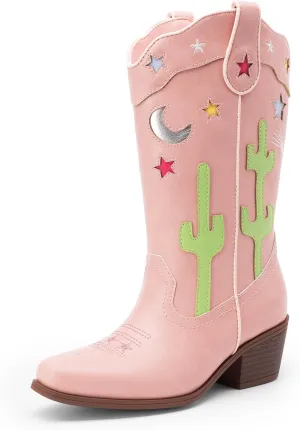 DREAM PAIRS Girls Cowboy Boots Cowgirl Mid Calf Western Boots with Low Heel Square Toe for Little Kid/Big Kid