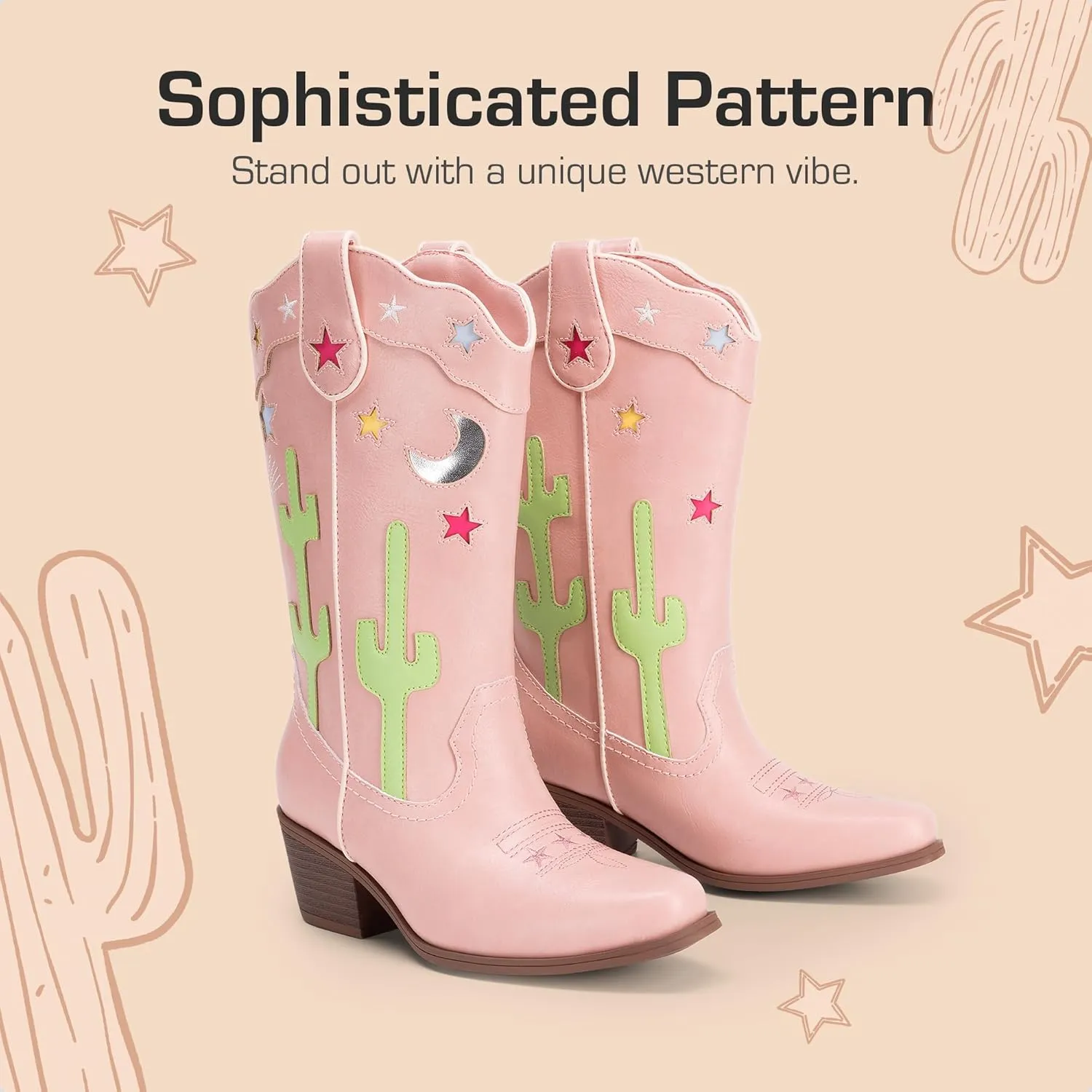DREAM PAIRS Girls Cowboy Boots Cowgirl Mid Calf Western Boots with Low Heel Square Toe for Little Kid/Big Kid