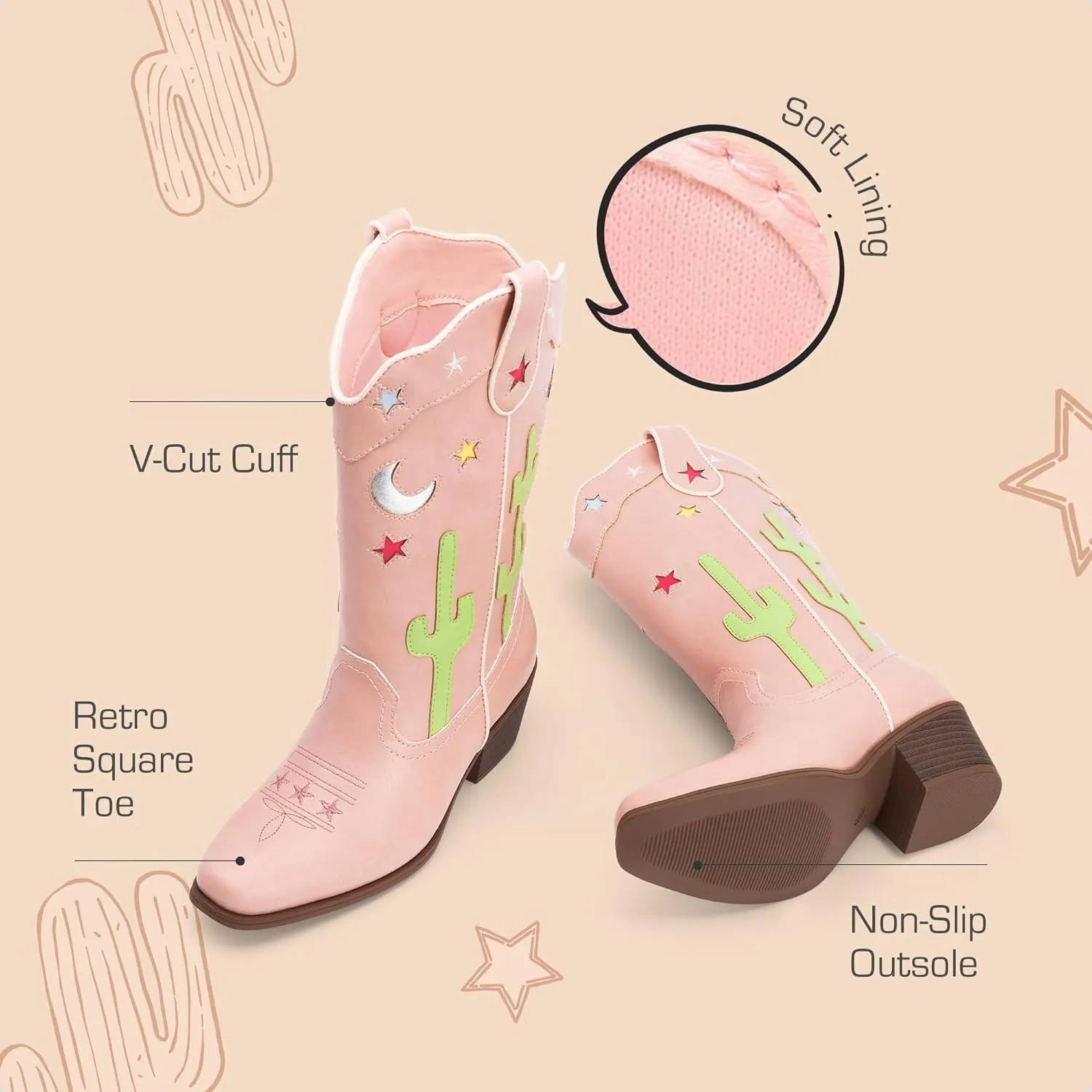 DREAM PAIRS Girls Cowboy Boots Cowgirl Mid Calf Western Boots with Low Heel Square Toe for Little Kid/Big Kid