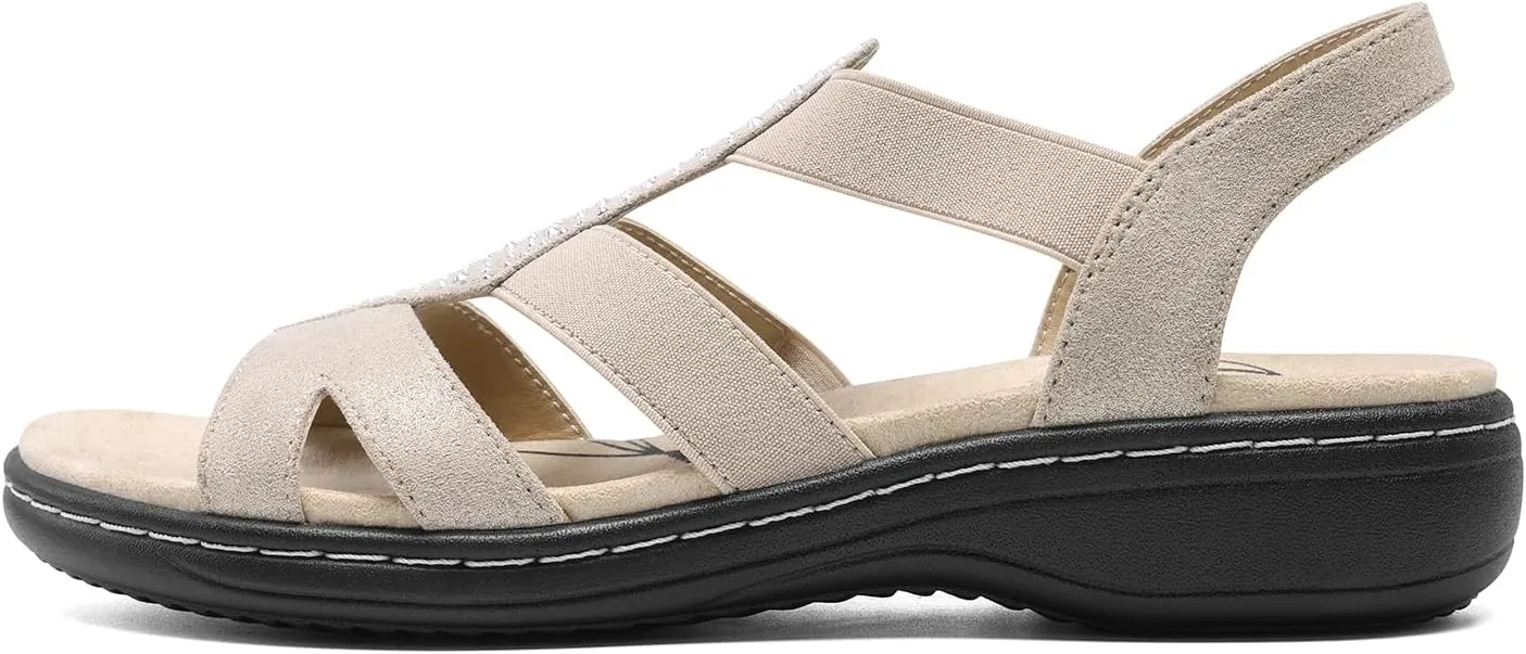 DREAM PAIRS Women's Comfortable Arch Support Dressy Flat Sandals Elastic Open Toe Walking Shoes for Summer