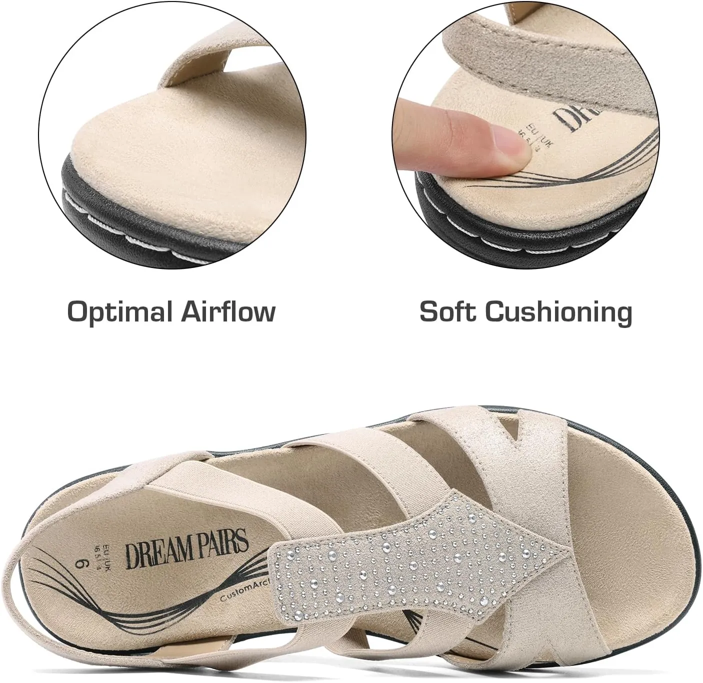 DREAM PAIRS Women's Comfortable Arch Support Dressy Flat Sandals Elastic Open Toe Walking Shoes for Summer