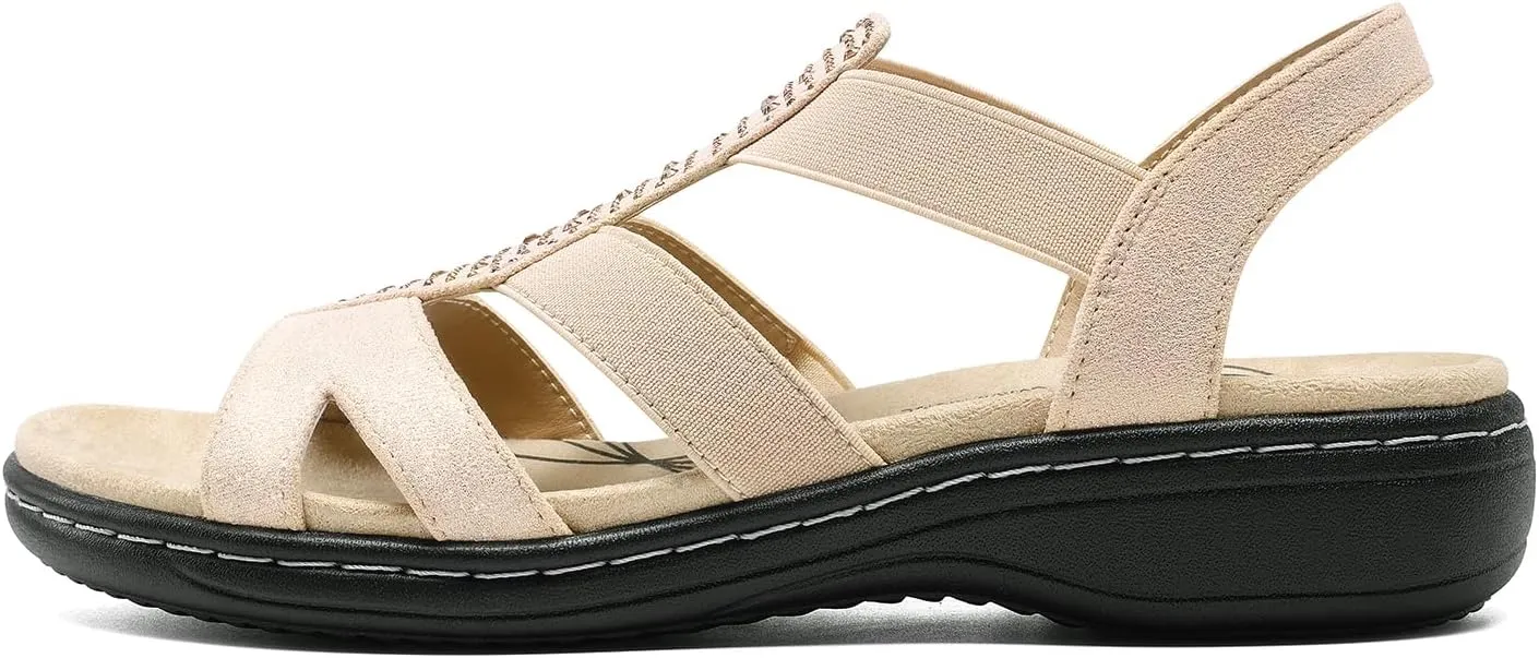 DREAM PAIRS Women's Comfortable Arch Support Dressy Flat Sandals Elastic Open Toe Walking Shoes for Summer