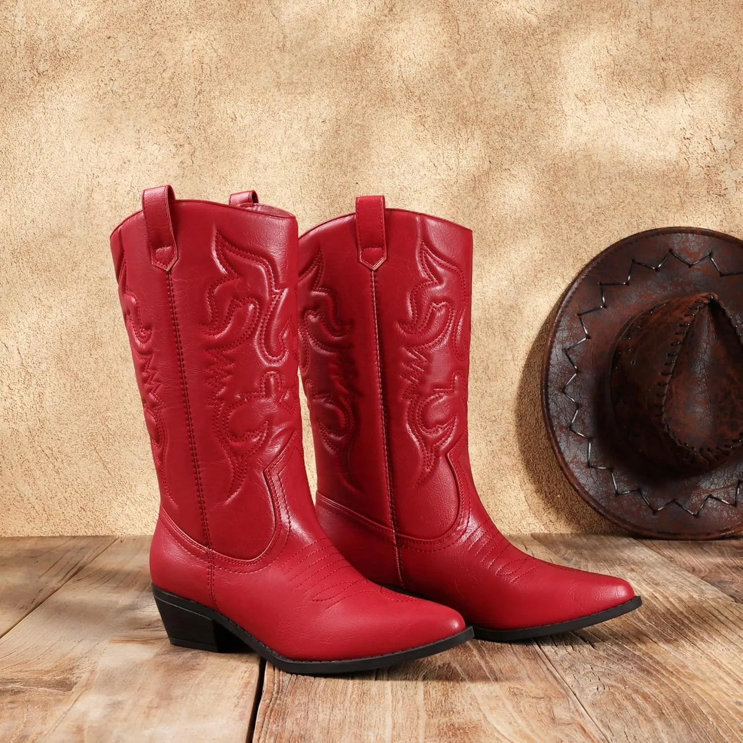 DREAM PAIRS Women's Cowboy Boots Pull On Cowgirl Boots Mid Calf Western Boots
