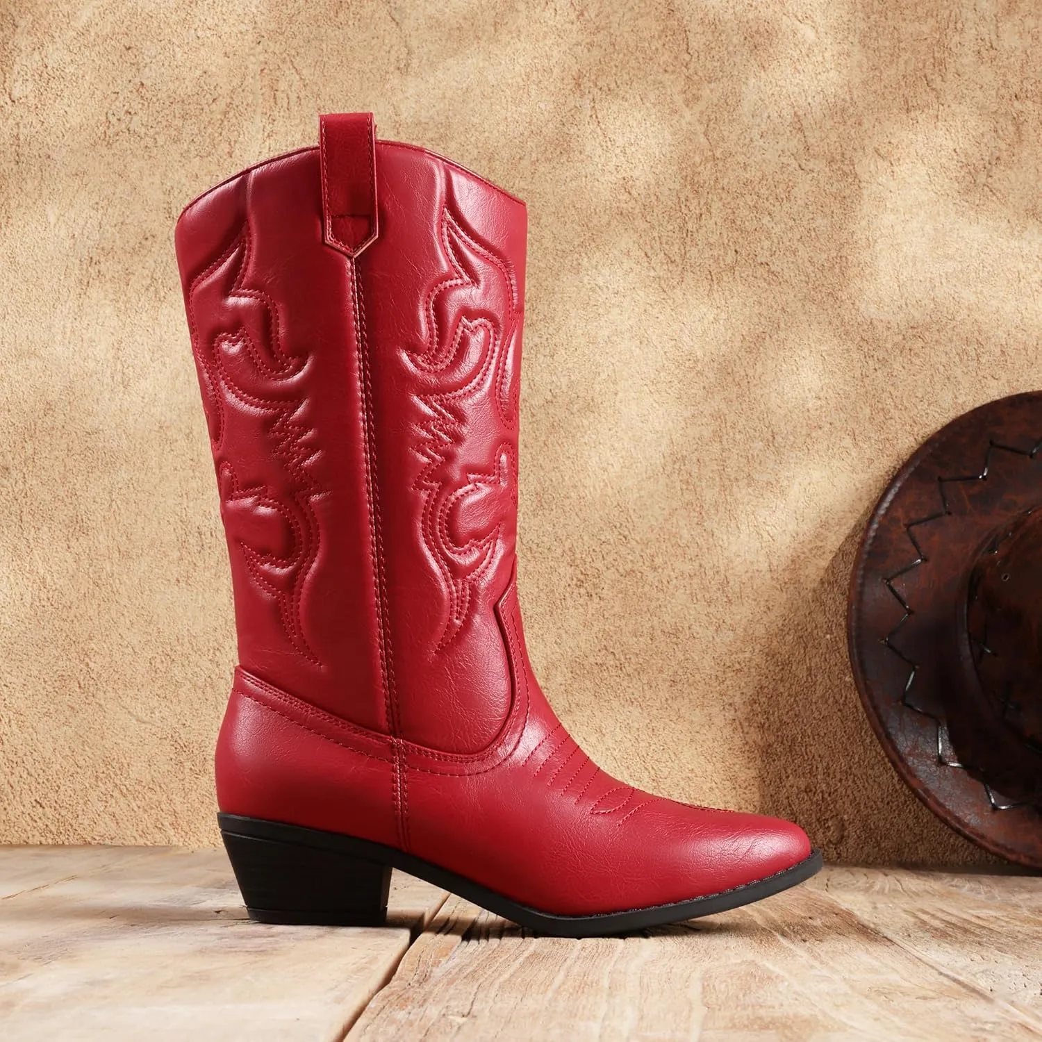 DREAM PAIRS Women's Cowboy Boots Pull On Cowgirl Boots Mid Calf Western Boots
