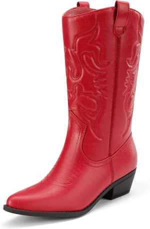 DREAM PAIRS Women's Cowboy Boots Pull On Cowgirl Boots Mid Calf Western Boots